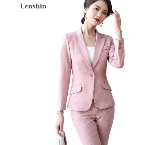 Lenshin 2 Piece Set Formal Pant Suit women Business Long sleeve Candy Colors Blazer and Pant Office Lady Work Uniform Wear