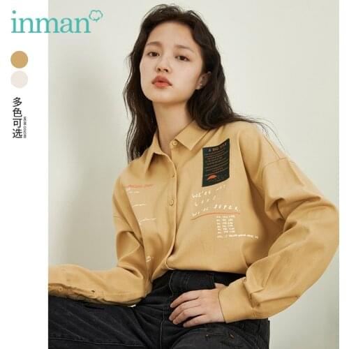 INMAN Womens Top Autumn Winter Pointed Design Vintage Trendy Printing Loose Dropped Shoulder Cotton Long Sleeve Blouse