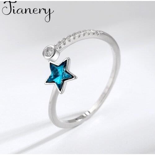 Personality Gothic Vintage Blue Crystal Star Rings For Women Bridal Wedding Engagement Punk Resizable Antique Rings Rock Jewelry