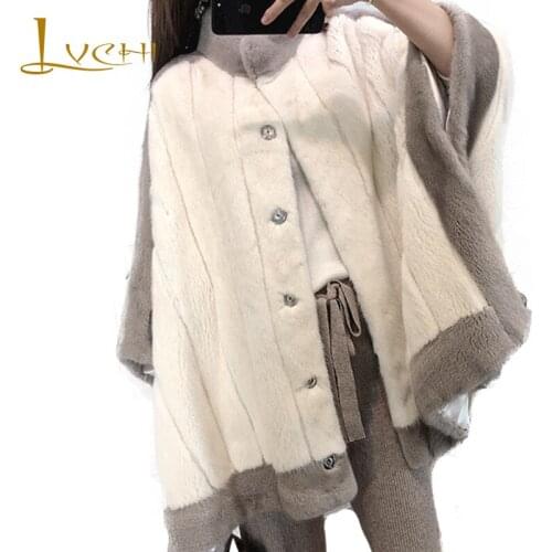 LVCHI 2019 Winter Velvet Mink Fur Coat Real Fur cloak Coats Women Full Sleeve Mandarin Collar Medium Mink Fur Loss shawl Coats