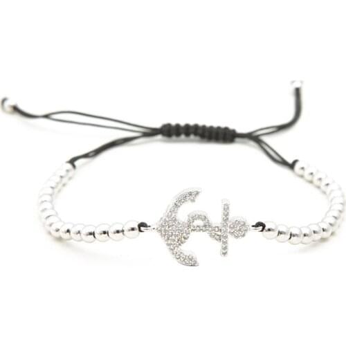 Gold silver micro pave cz Cubic Zirconia rope adjusted Copper Beads Bracelet df2 Anchor Charm Braided Bangles