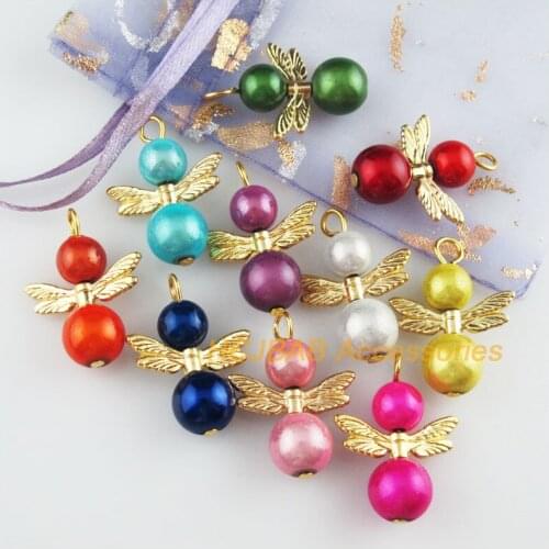 10 New Angel Charms Gold Color Mixed Acrylic Ball Pendants 20x27mm