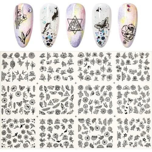 12pcs Black Flower Butterfly Slider Nail Sticker Flower Water Transfer Decals Nail Art Tattoo Summer Salon Tips Nail Accessories