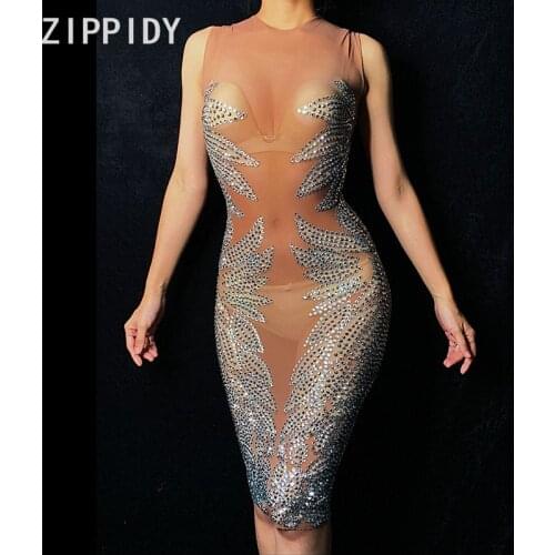 Sparkly Silver Rhinestones Mesh Dress Sexy See Through Costume Nightclub Singer Dance Dress Womens Birthday Celebrate Dress