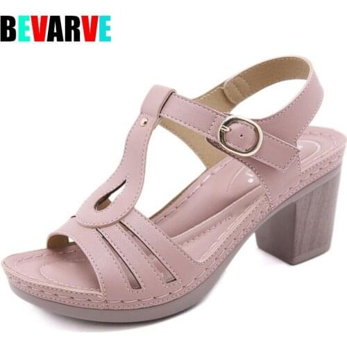 BEVARVE2021 Summer Shoes Women High Heels Sandals Casual Woman Heeled Shoes Square Heel 7.5cm Women Sandals Peep toe Mother Shoe