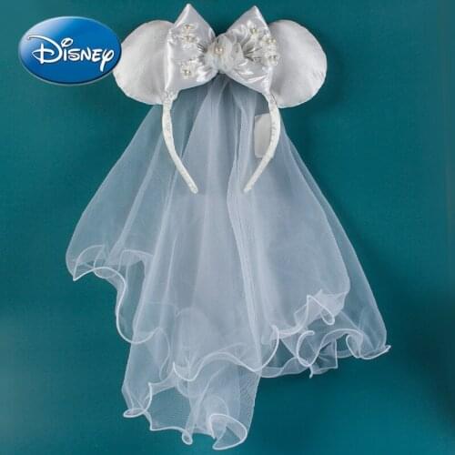 Disney Original Minnie Veil Headband Fairy Hairpin Handmade White Lace Embroidery Bead Flowers Cosplay Accessories Headwear