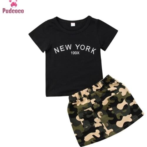 Pudcoco 2019 Summer 2pcs Set Outfits For Newborn Toddler Baby Girls Black Letters T-shirt+Camouflage Skirts Outfits Clothings