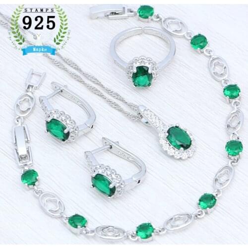 Silver 925 Jewelry Kit Adjustable Ring Earring Pendant Chain Bracelet Green Egg Cubic Zirconia Bridal Jewelry Set