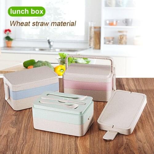 Lunch Box Wheat Straw 3-Layer Handle Spoon Fork Eco Friendly Healthy Unbreakable Dinner Tableware Dishes Picnic Food Storage