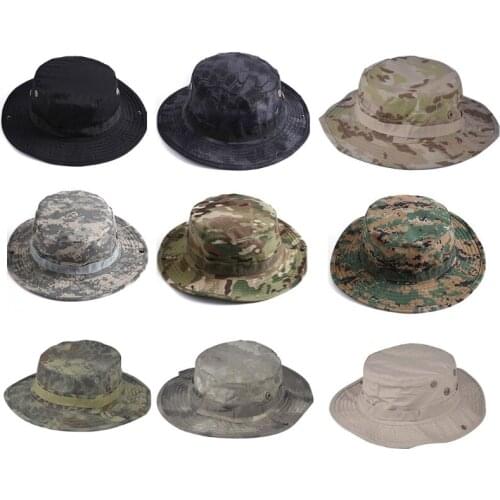 Mens Summer Breathable Wide Brim Boonie Bucket Hat Outdoor Sun Protection Camouflage Printed Travel Fishing Cap