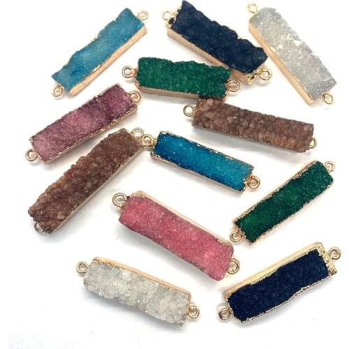 Natural Stone Crystal Pendant Necklace Connector Double Hole Rectangle Edge Pink Pendant Jewelry DIY Bracelet Accessories