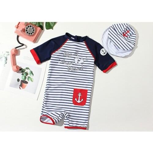 New 2019 Baby Boys Surfing suit 2~7Year Kids swimwear One piece Kids swimsuit with Hat Toddler Baby Boys Beach wear-SW359
