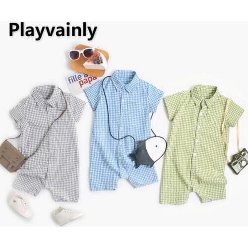 2021 Korean Style New Summer Kids Boys Girls Romper Short Sleeves Blue Gren Grey Plaid Shirts Jumpsuit Newborn Clothes E1084