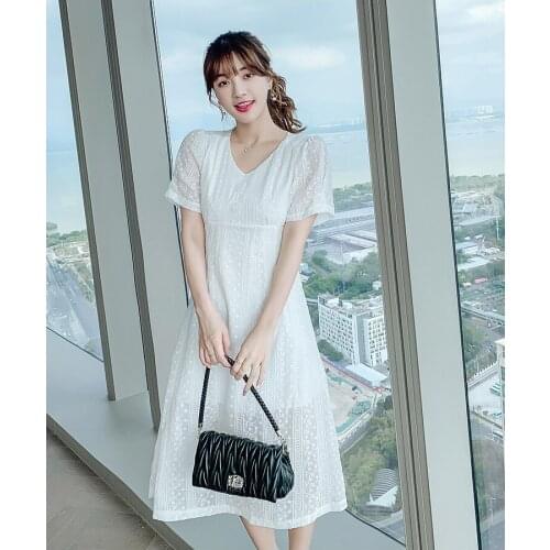 New summer 2021 small fresh embroidered waist slimming short sleeve mid-length white dress