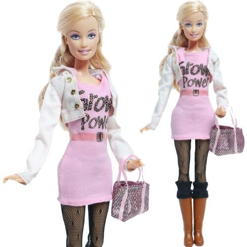 One Set Pink Dress Daily Casual Wear Coat Stockings Boots Handbag Accessories Clothes for Barbie Doll Baby Girl DIY House Toys