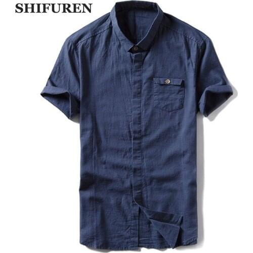 SHIFUREN Casual Summer Retro Mens Shirt Cotton Linen Breathable Short Sleeve Tops Turn-down Collar Male Dress Shirts Blouse
