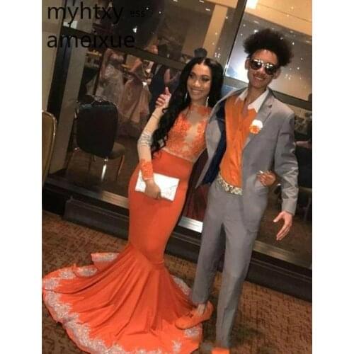 Sexy Orange Color Custom Prom Dresses 2020 Black Girls Long Sleeves Applique Holidays Graduation Wear Party Gowns Custom Made