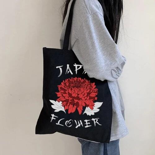 Kawaii Flowers Pattern Brand Fashion Pink Canvas Bag Khaki Cute Girl Shoulder Bag Korean Black Shopping Bag With Zipper Bolsos