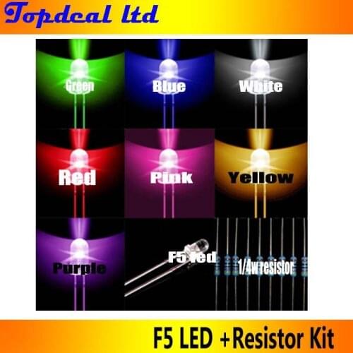 70pcs F5mm led Assorted kit Set ( Red Green Blue Yellow Purple Pink White) DIP LED Light with 90x 1/4W Metal Resistor