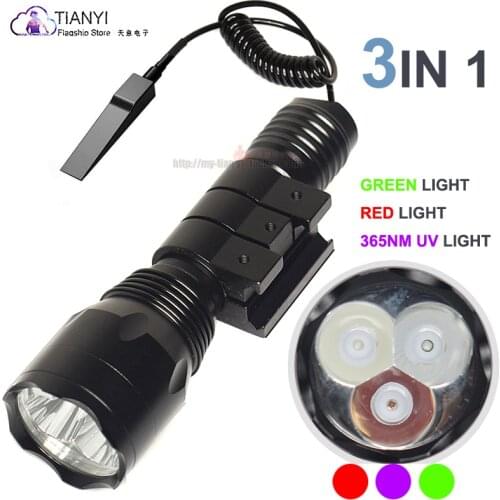 Tri-color light source Purple/red/green LED flashlight Powerful focus remote line control flashlight Tactical rail flashlight