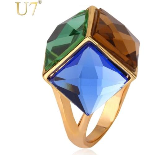 U7 Big Green Crystal Ring For Women Gold Color Party Jewelry Trendy Colorful Fancy Stone Statement Rings R352