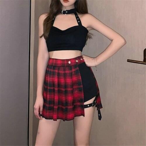 Summer New Fashion Punk High Waist Irregular Plaid Pleated Skirt Lolita Hottie Cool Sexy Black Shorts With Leg Loop For Women