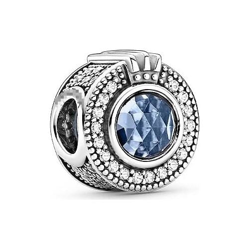 Real 925 Sterling Silver Crown O Blue Crystal Charms Beads fit Original Bracelets Women DIY Jewelry