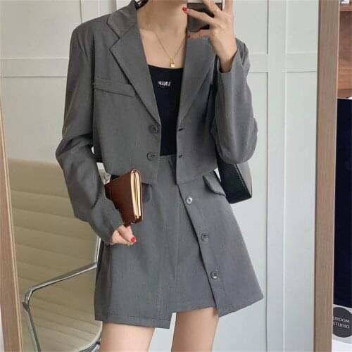 Alien Kitty Grey Two Pieces Sets Lady Blazers Coats Plus Size 2021 Chic Elegant Autumn Streetwear Slim New High Waist Mini Skirt