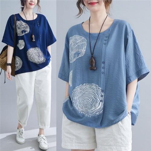 Pullover Women T-Shirt Linen Printed Short Sleeve Summer All-Matched Fashion 0-Neck Button Casual Loose Female Tops Tees Blue