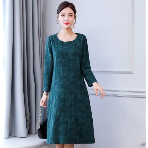 Vintage Cotton and Linen Dress Women Spring Autumn Long Sleeve Dress Loose O-Neck Casual Solid Women Dress High Quality