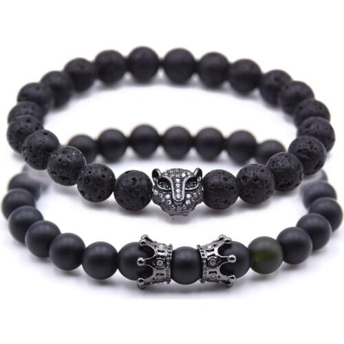 2Pcs/Set Of Mens Bracelet Set Leopard Head And Crown Handmade Beaded Bracelet Mens Jewelry Pulsera Hombre