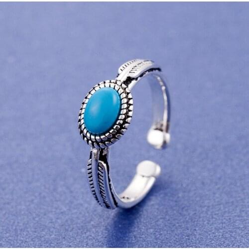 2020 new arrival Indian Tibetan sliver leaf blue big stone rings for women stackable vintage natural stone love wide eye ring