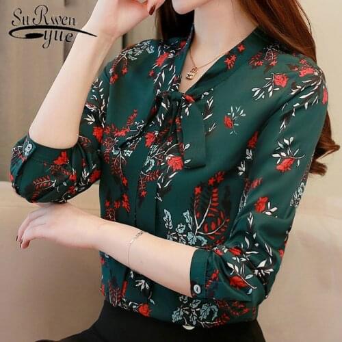 2021 Print Green Chiffon Blouse Fashion Women Blouses Spring Shirt Office Work Wear Blouse Women Tops And Blouses Blusa 1780 50