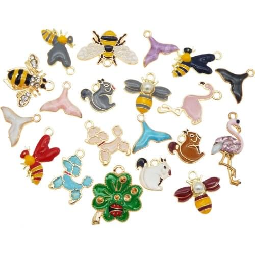 GraceAngie 5pcs Enamel Animal Charm Mix Pattern Mermaid Tail Bees Necklace Bracelet KeyRing Pendant Women Handmade Jewelry