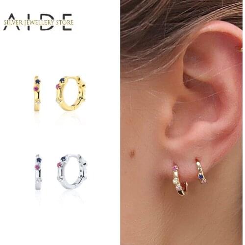 AIDE Punk 925 Sterling Silver Round Hoop Earrings for Women Minimalism Colorful Zircon Pierced Earings Fine Jewelry kolczyki