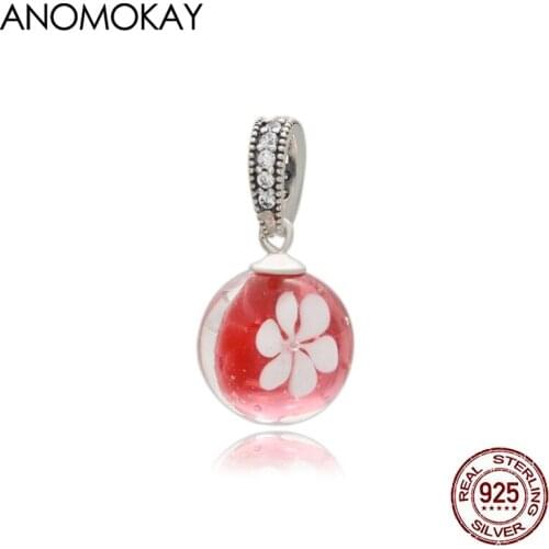 Anomokay Romantic Red Murano Cherry Flower Charm Pendant fit Bracelet Necklace Real 925 Silver Flower Bead Pendant for DIY