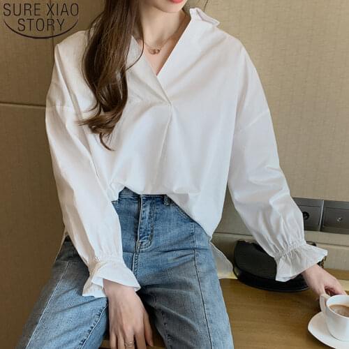 Korean Solid Cotton Women Shirts Blouses 2021 Autumn Lantern Long Sleeve V-neck Casual White Shirt Loose Tops Blusas 10508