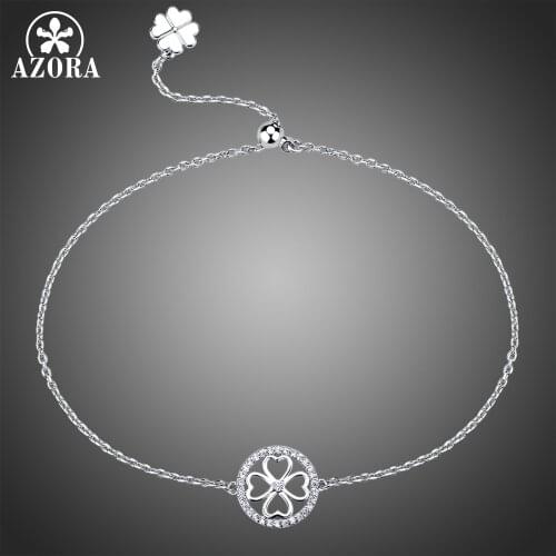 AZORA Circle Flower Clear Cubic Zirconia Adjustable Slide Chain Bracelet Lady Charming Small Bracelet Party Jewelry Gift TS0185