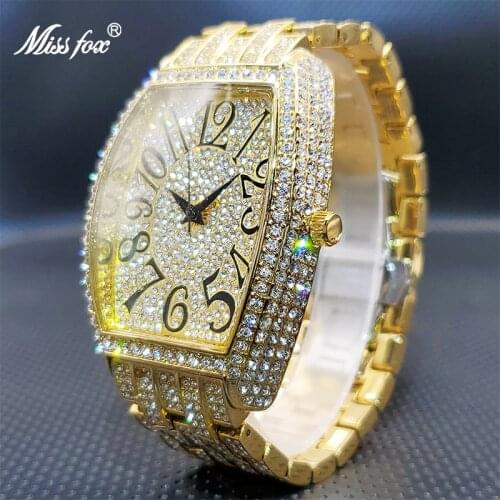 Reloj Gold Luxury Brand Watch MISSFOX Big Dial Hip Hop Ice Out Diamond Watches Genuine Waterproof Wrist Timepiece Gift For Men