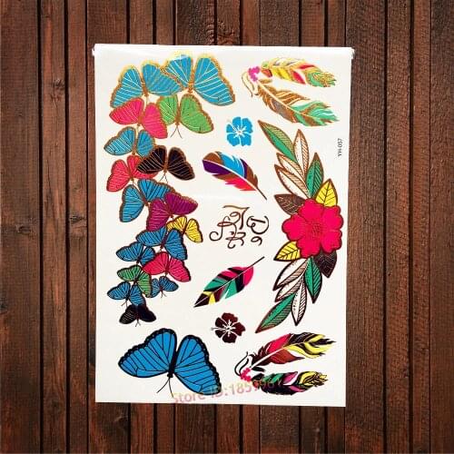 Colorful Butterfly Designs Falsh Metallic Temporary Tattoo Waterproof Body Art Arm Sleeve Makeup Tattoo Sticker Feather Sleeve