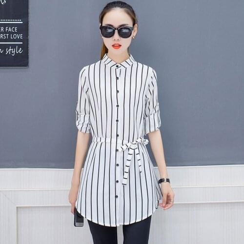 Long Style Women Spring Summer Style Chiffon Blouses Shirts Lady Casual Long Sleeve Striped Blusas Tops with Belt DD1949