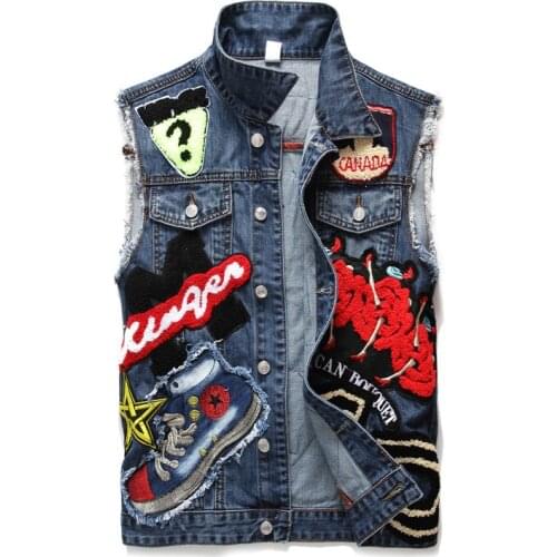 Fashion Mens Denim Vest Girls Embroidery Patchwork Slim Jeans Waistcoat Male Sleeveless Jackets Mens Vests Outerwear
