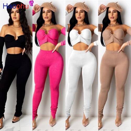 HAOOHU Sexy Club Party Ribbed Womens Set off shoulder Crop Top+Stacked Flare Pants Sets Tracksuit Two Piece Fitness Outfit Set