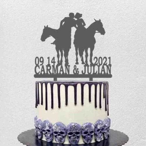 Custom Couple Name Wedding Date Bride and Groom Riding a Horse Silhouettes For Wedding Party Cake Decoration Topper