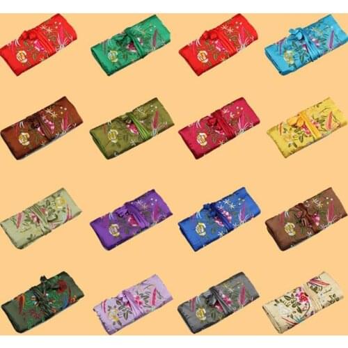 Chinese Wind Silk Multifunctional Jewelry Organizer Pouches 3 Zipper Bag Ring Bar Silk Embroidery Flower Bird Travel Roll Bag