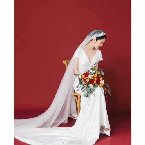 Korean long tail bridal veil lace wedding pearl headdress super fairy travel photo shoot style retro veil