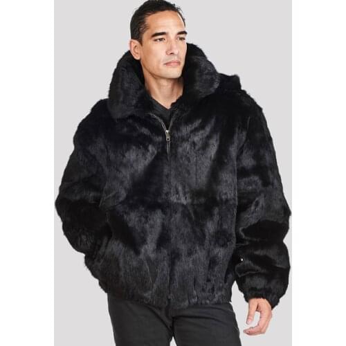 Genuine Rabbit Fur Coat Men Bomber Jacket Black Rabbit Fur Hood And Collar Winter Warm Real Fur Outwear Fashion Detachable Hood