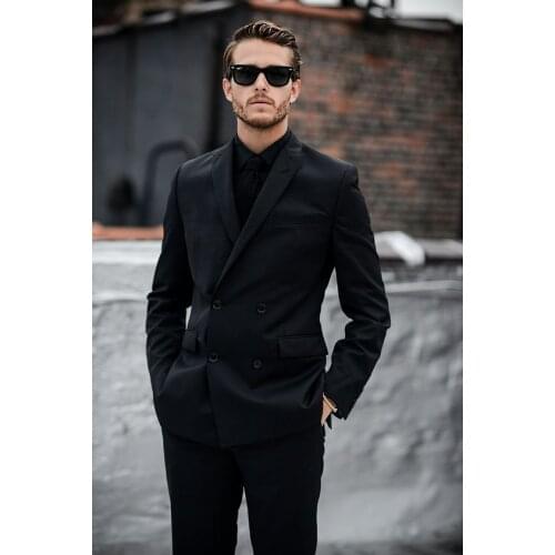 2017 Latest Coat Pant Designs Black Men Suit Double Breasted Groom Suits Blazer Slim Fit Custom 2 Piece Prom Tuxedo Masculino