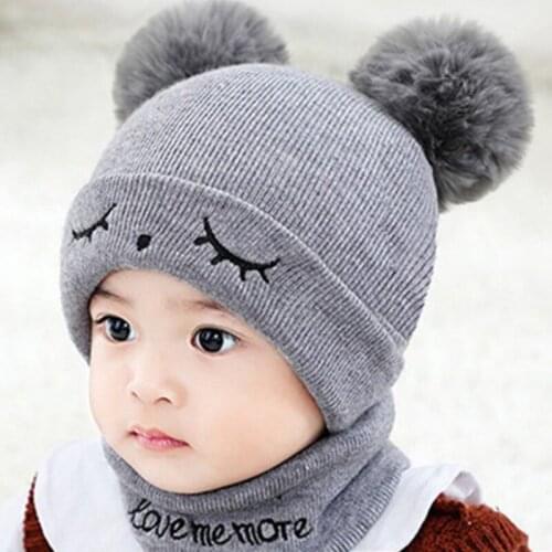 Toddler Baby Boys Girl Caps Scarf Set Double hairy ball Hats Kids Girls Boy Soft Warm Fur Letter Embriodery Knitted Beanies Hats