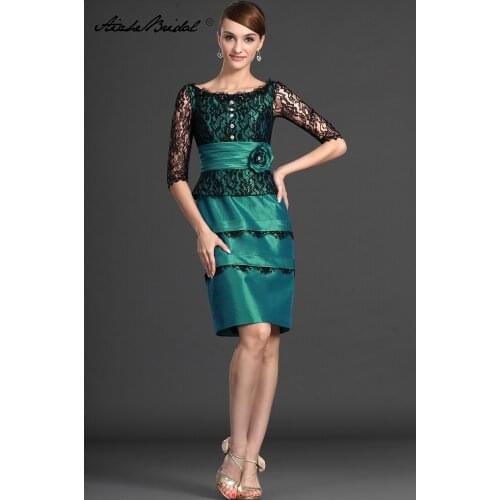 Formal Womens Dress Short Mother Of The Groom Dresses Vintage Half Sleeve Black Lace Green Taffeta Mother of the Bride Dress